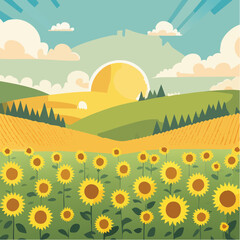 Fototapeta premium Late summer country landscape with sunflower meadow and sunbeam