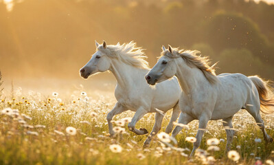 Obraz premium Two white horses gallop through a sunlit meadow filled with wildflowers, creating a serene and idyllic scene. The warm glow of the golden hour casts a soft light, enhancing the horses' flowing manes a