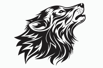 Striking tribal wolf head, depicted in howling silhouette against a stark white background creates impact