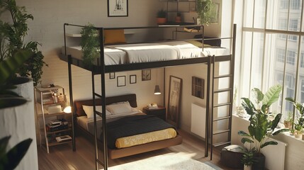 Loft bed with a metal frame and built in ladder in a stylish apartment with open space below decorated for a functional yet chic living area for small spaces