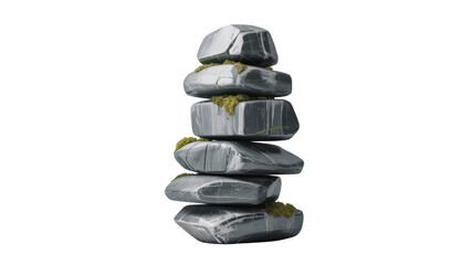 Stacked Stones with Moss, 3D Render of Balanced Rocks, Nature and Zen Concept