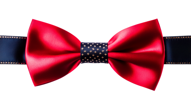 Elegant Red Satin Bow Tie with Navy Star Accent Ribbon, cut out transparent