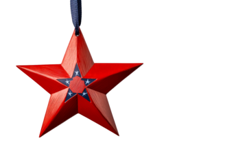 Red metallic star ornament with stars and stripes detail hanging by blue ribbon, cut out transparent