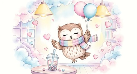 Watercolor owl floating with balloons and bubble tea in a pastel dreamlike scene