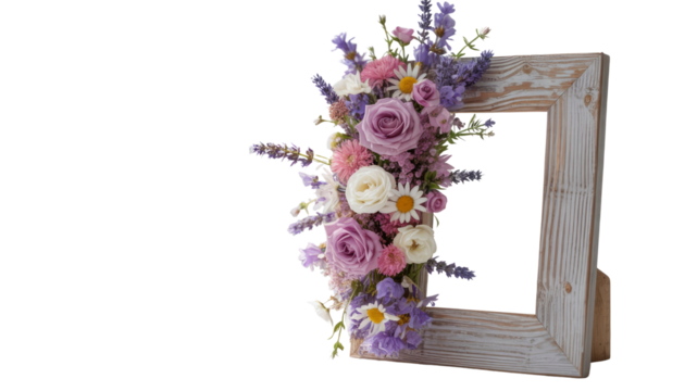 Rustic Wooden Frame Adorned with a Bouquet of Lavender, Roses, and Daisies