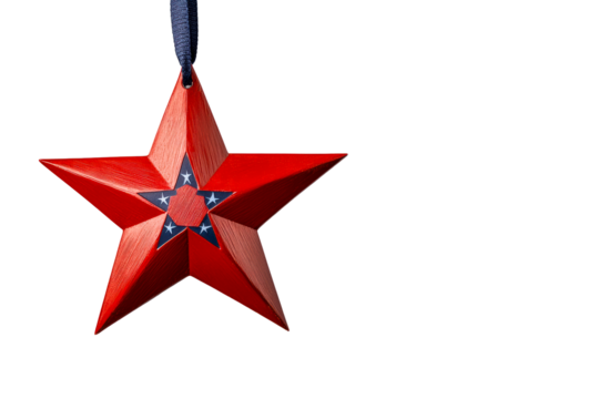 Red metallic star ornament with stars and stripes detail hanging by blue ribbon, cut out transparent