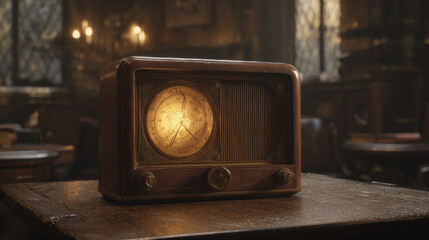 Vintage radio with glowing dial emitting static and crackling sounds on wooden table, surrounded by old-fashioned furniture, evoking a nostalgic atmosphere.