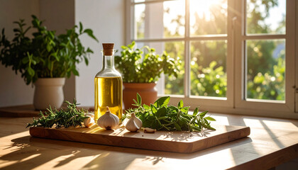 Rustic wooden cutting board with herbs, garlic, and olive oil, illuminated by natural sunlight, rustic kitchen food styling and cooking background.