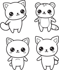 Cute kawaii coloring page illustration with four characters