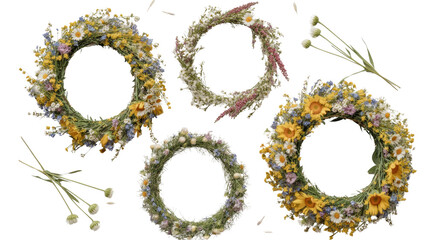 Collection of Four Wildflower Wreaths with Scattered Blooms and Stems