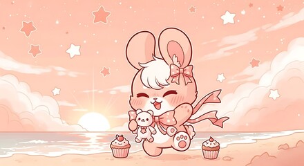 Whimsical beach picnic illustration with pastel bunny cupcakes and sunset glow