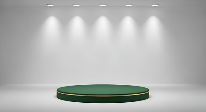 Podium stage with spot lights background - empty green podium with gold trim illuminated by spotlights on a clean white background, perfect for product display or presentation