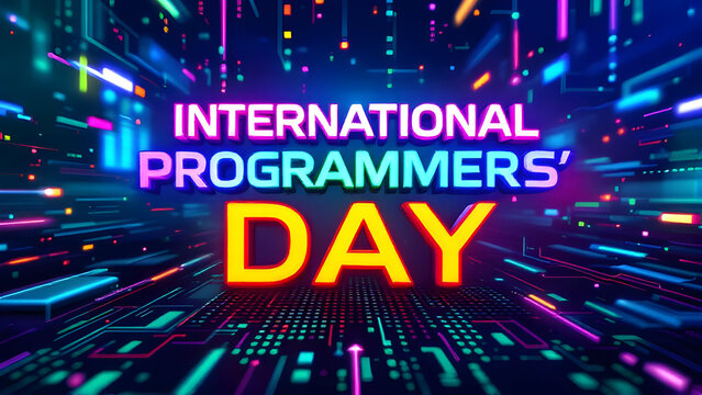 International programmers' day text in bright neon colors with digital circuit background design