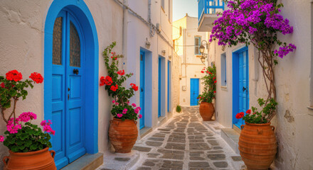 Whitewashed alleyway with blue doors and flowers