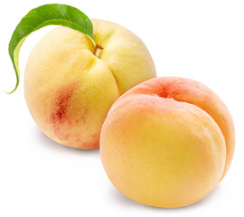 Golden Japanese peach premium fruit with leaf isolated on white background with clipping path.
