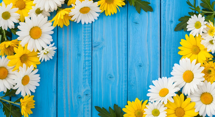 Fototapeta premium On a blue wooden background with yellow and white daisies along the edge