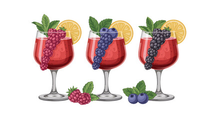 Three Delicious Berry Cocktails with Lemon and Mint Garnish -  Vibrant Summer Drinks Illustration