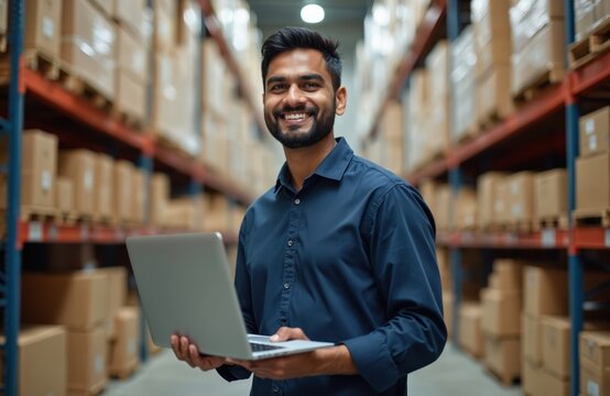 Smiling Indian warehouse manager uses laptop in distribution center. Man oversees inventory, packages, shipping operations. Expert in logistics, supply chain management, e-commerce fulfillment. - Powered by Adobe