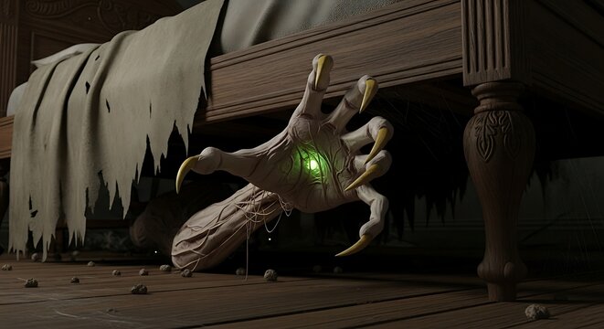 Eerie Undercroft: A Monster's Grasp from Beneath the Bed in a Dark Bedroom