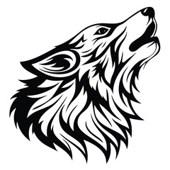 Isolated black silhouette of a wolf howling with its head raised high on white