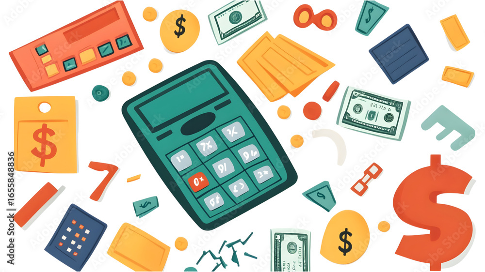 Poster Financial calculations with money and calculators in a creative workspace setting
