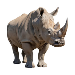 Obraz premium A powerful adult rhinoceros stands isolated on a pure white background, showcasing the raw beauty and texture of its thick, wrinkled skin.