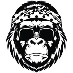 Monochrome gorilla boss wears a bandana and sunglasses with a tough serious expression