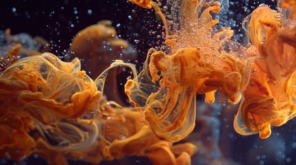 Abstract orange and black ink swirling in water, forming ghostly faces, backlight for translucent. Background, wallpaper