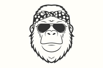 Monochrome gorilla face wears sunglasses and a polka dot bandana around its head