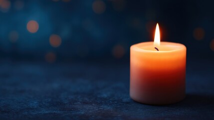 Festival of lights, A softly glowing candle illuminates a dark blue background, creating a warm and serene atmosphere with a subtle bokeh effect.