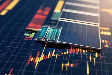 Solar panel diagram highlighting energy production data and market trends during daylight hours