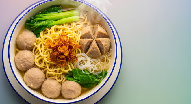 A bowl of warm baso complete with topping of baso, noodles, vermicelli cut vegetables sausage with onions sprinkled with fried onions