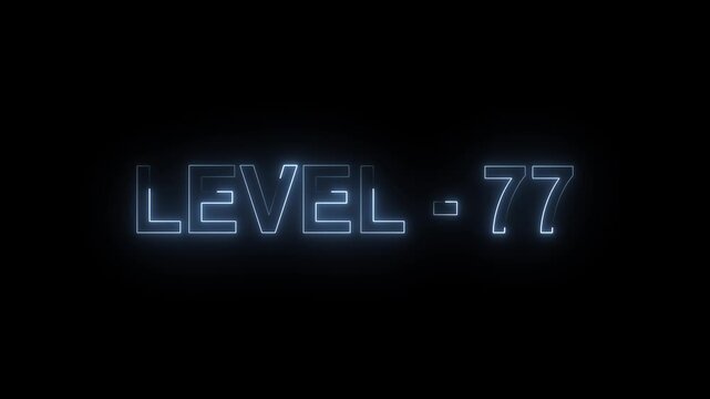 Glowing level-77 text with glitch effects animation. game concept next level icon isolated .on Black background. 4k VIdeo animation .
