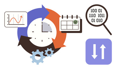 Obraz premium Clock surrounded by circular arrows with gear, line chart, calendar, magnifying glass with binary, and up-down icon. Ideal for workflow, time management, planning, data analysis scheduling