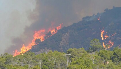 Fototapeta premium A wildfire burns fiercely up a hillside, sending plumes of smoke into the hazy sky.