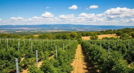 Expansive orchard with rows of young apple trees, stretching to a distant mountain range under a partly cloudy sky.