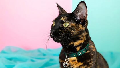 A tortoiseshell cat wearing a teal collar against a pink and teal backdrop.