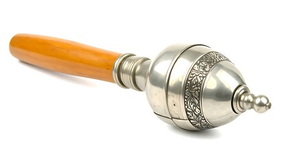 Ornate, metallic, and wooden decorative object.