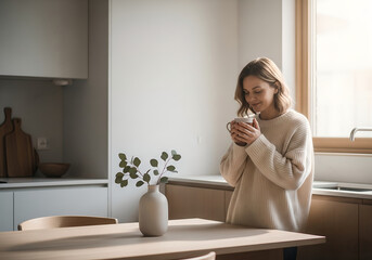 A woman in a cozy oversized sweater holding.