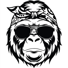 Monochrome gorilla face showing bandana and aviator sunglasses is displayed prominently on clear background