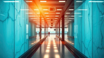 Long welllit hallway with marble walls glass partitions and a moving walkway towards a distant window