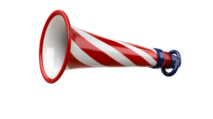 Noise Maker Trumpet with Red and White Stripes and Blue Handle, cut out transparent