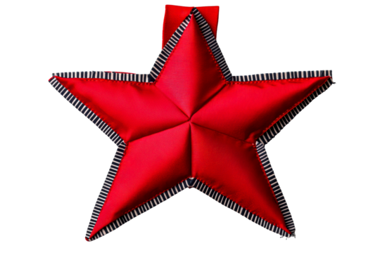 Red Fabric Star Ornament with Black and White Striped Trim, cut out transparent