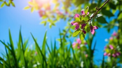 Lowangle view of tall grass and a flowering branch against a clear blue sky with sunlight