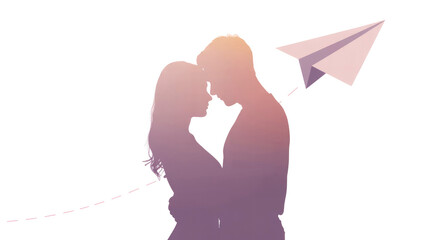 Couple Embracing with Paper Airplane, Symbol of Love and Journey