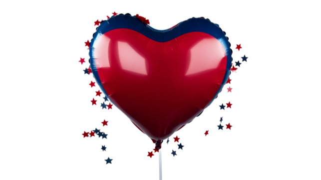 Large Heart Shaped Foil Balloon with Red and Blue Stars, cut out transparent - Powered by Adobe