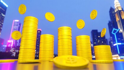 Gold coins stacked as a bar graph against a city skyline at night