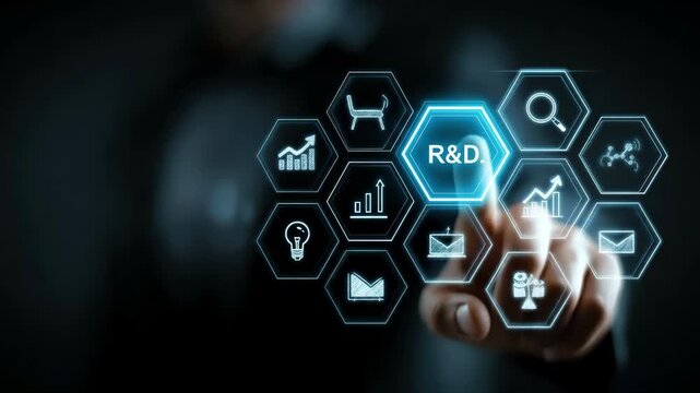 A research and development concept with futuristic hexagon interface, businessperson hand touching digital r&d icon, innovation, technology, progress, and science modern business environment
