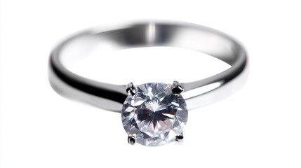 A stunning diamond ring with a round brilliant cut stone. This elegant piece features a sleek silver band. Perfect for engagements or special occasions. Showcase your love with style. AI