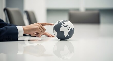 Corporate executive's hand touching a monochrome globe on a conference table, symbolizing the blending of global business strategies and international market integration.